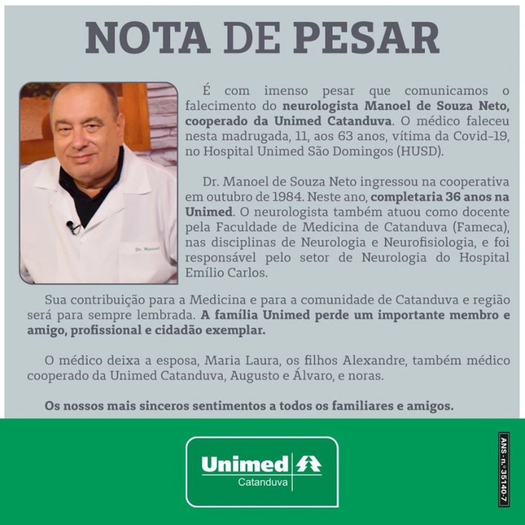 Unimed Catanduva publicou nota de pesar sobre o falecimento do médico Manoel de Souza Neto, vítima da Covid-19