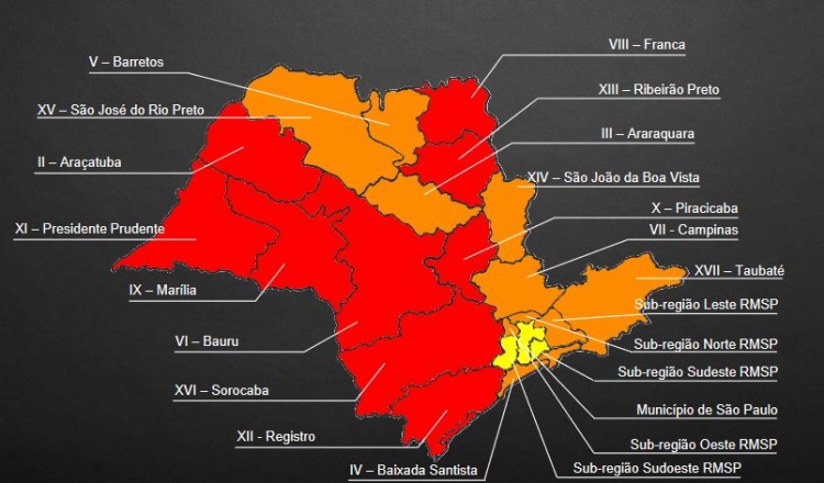 Mapa mostra como está a flexibilização em cada regional do Estado 