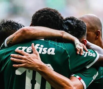 Jogadores do Palmeiras comemoram gol contra o Mirassol